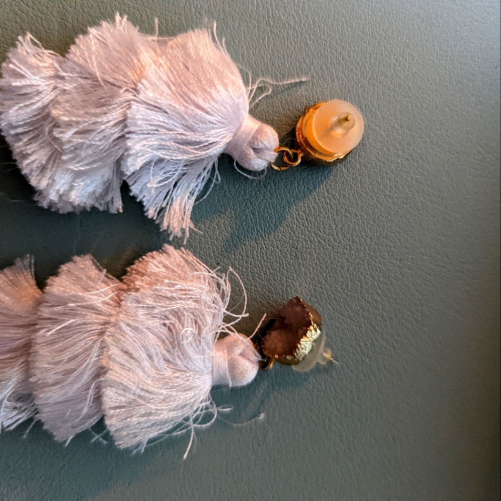 White fringe dangle earrings